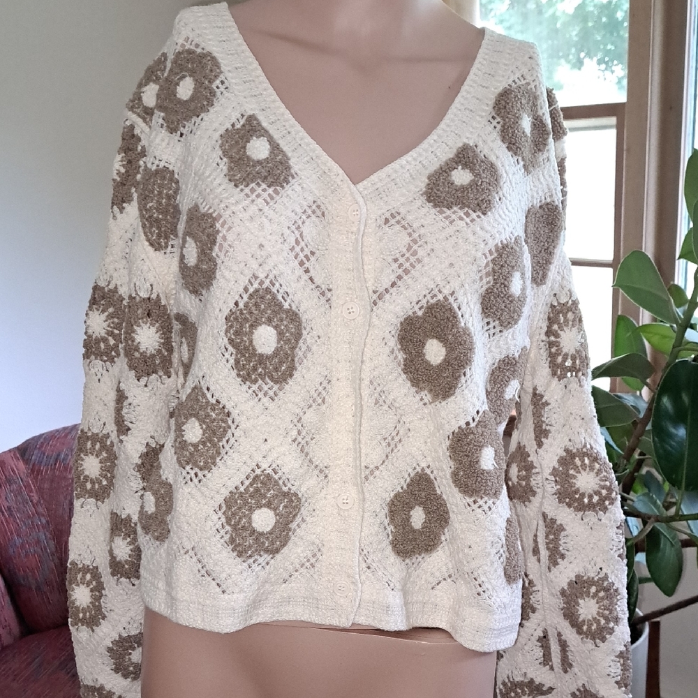 FLASH SALE AZFloral Patterned Cream and Brown Women's Sweater